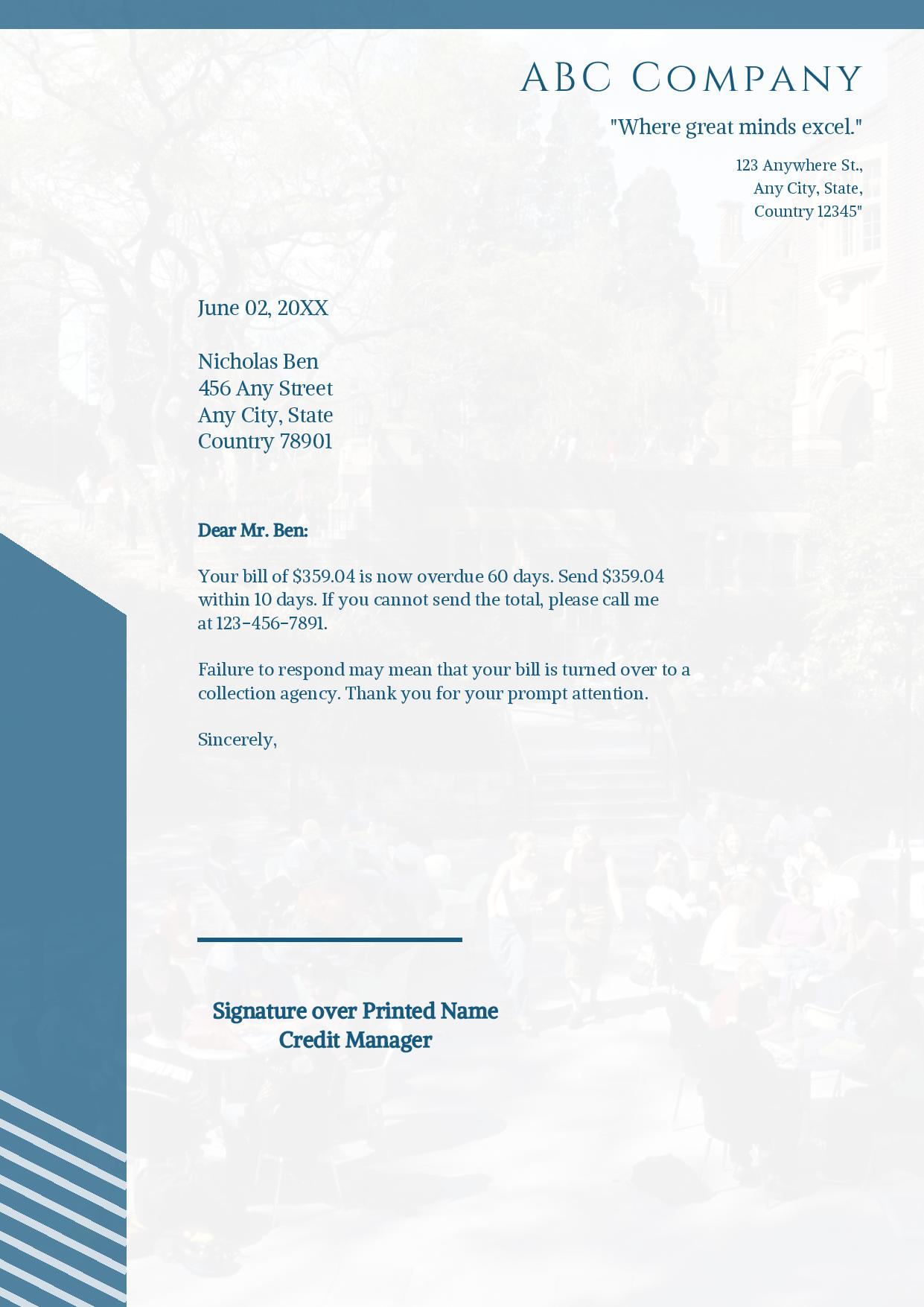 This letter stresses the urgency of the need for the customer to take some kind of action on the bill. It is a continuing progress report on the recipient’s account. If an alternative payment plan has been reached previously, indicate the details of the agreement and the telephone contact dates to keep an accurate record of communications.