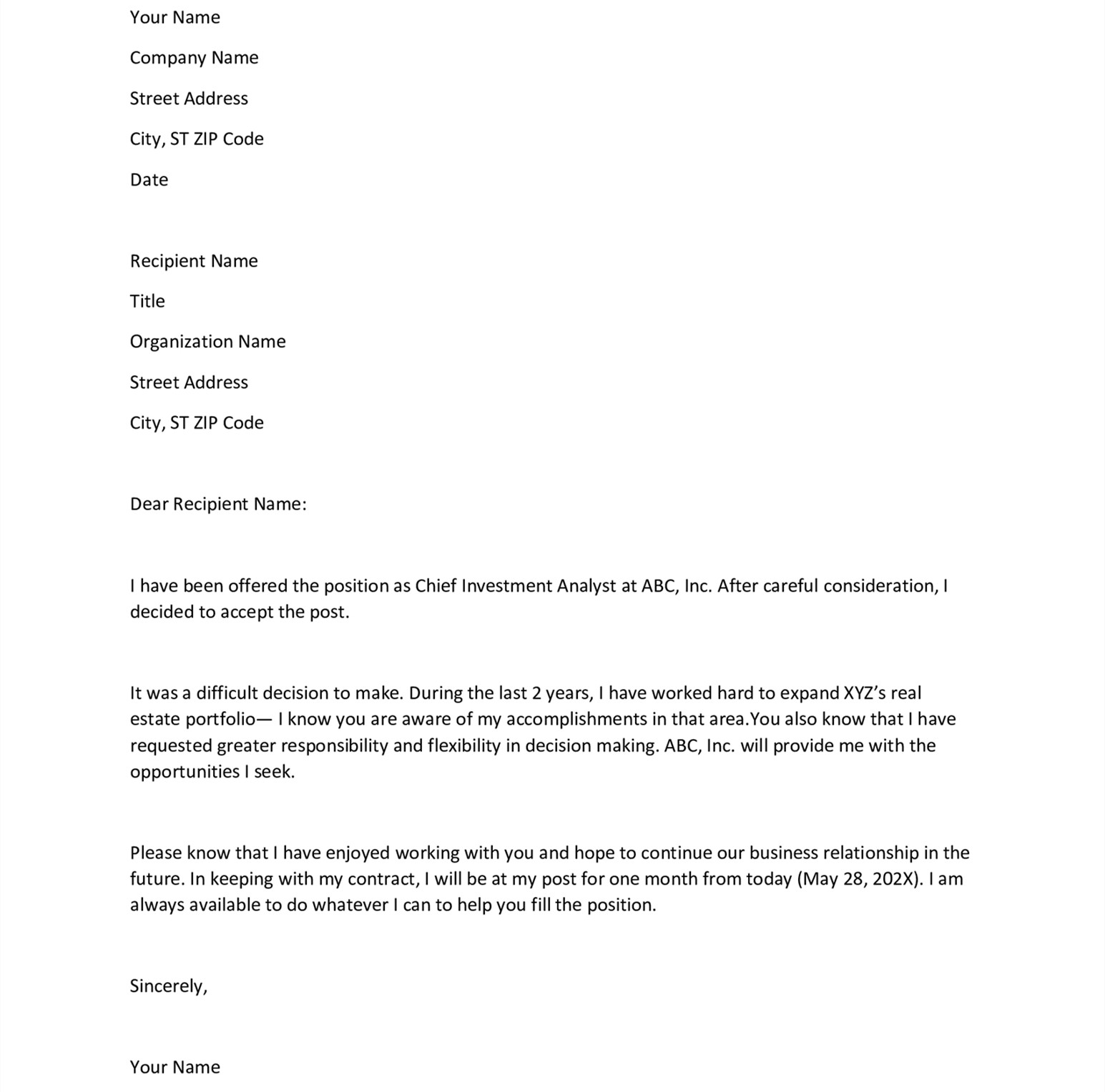 cover letter for resignation email sample