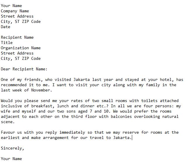 inquiry letter for hotel accommodation