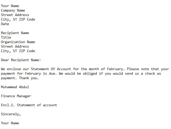 letter sending a statement of account and asking for payment