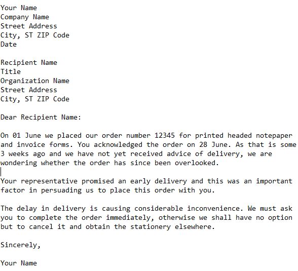 complaint regarding non-delivery