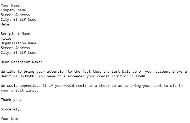letter notifying customer about exceeding of credit limit