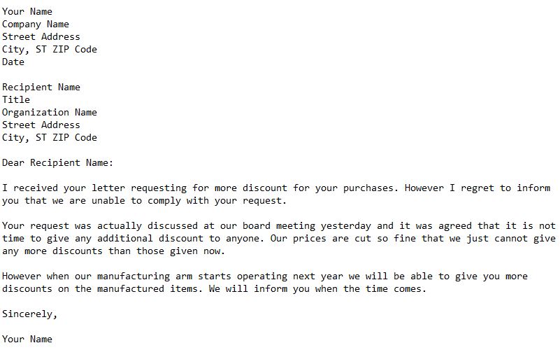 letter refusing to give more discount
