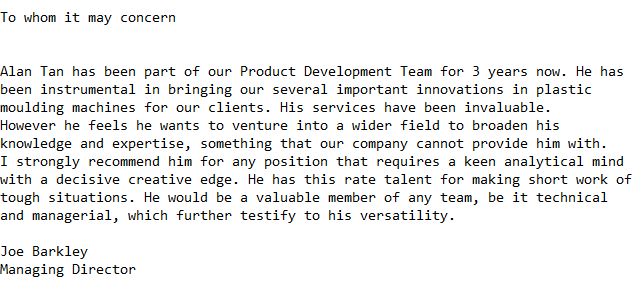 testimonial for the position of technical division