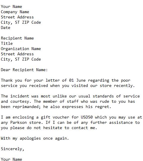 apology letter for poor service