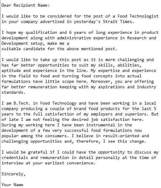 application letter for the post of a food technologist