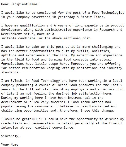 cover letter for food technology job