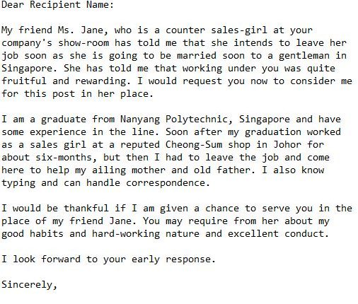 sales lady job application letter