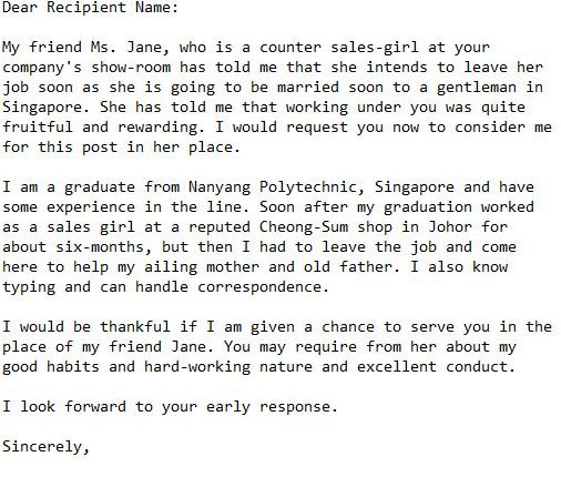 Application Letter For The Post Of A Sales Girl | 101 Business Letter
