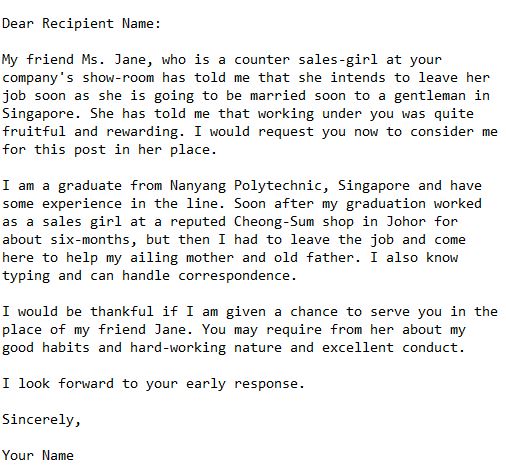 application letter for the post of a sales girl