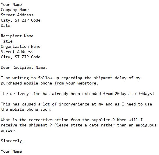 complaint letter regarding delivery delay for purchased item