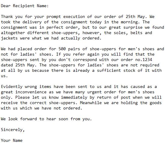 complaint letter regarding receipt of wrong goods of shoes