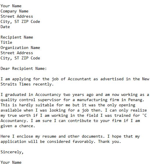 bank accountant job application letter