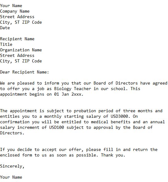 job offer letter as biology teacher