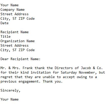 letter declining an invitation