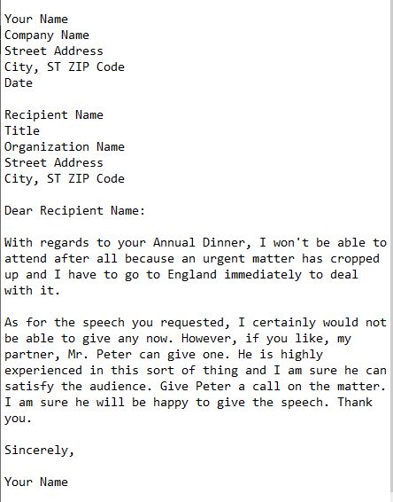 letter declining request to give speech