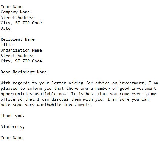 letter giving suggestion for investment