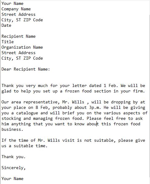 letter informing customer of sending a representative