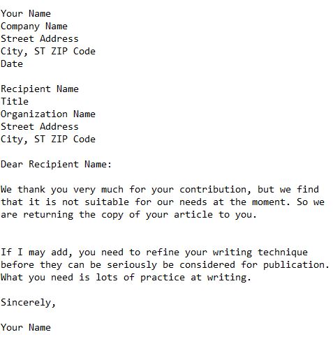 letter informing of returning unsolicited article