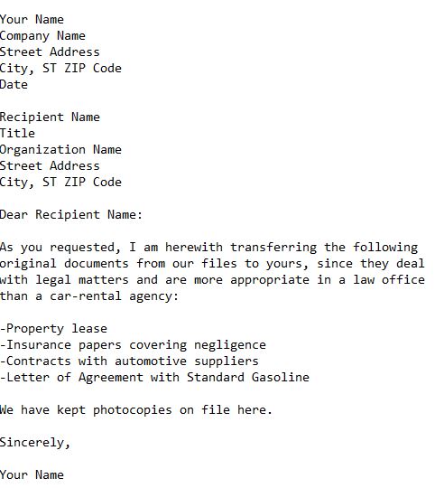 letter informing of transferring miscellaneous legal documents