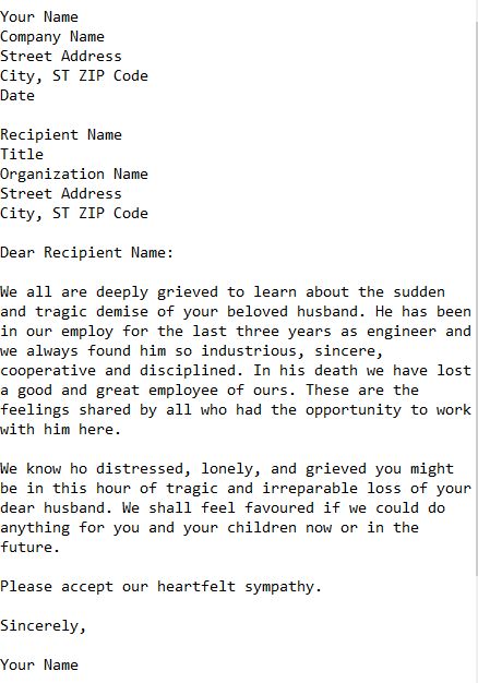 letter of condolence on the death of an employee