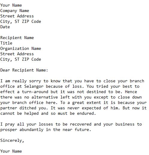 letter of sympathy to a business friend on his close down business