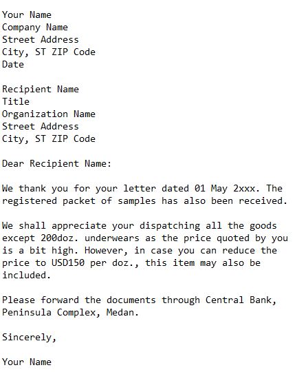 letter placing order for hosiery goods