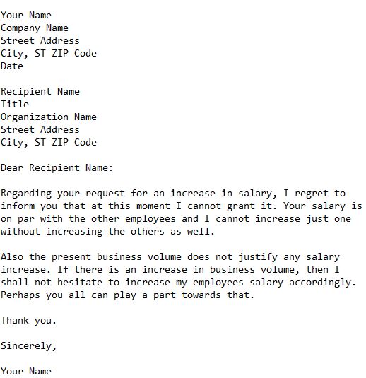 letter refusing an increase in salary