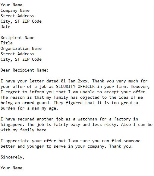 letter rejecting a job offer