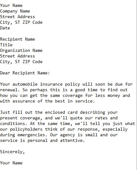 letter soliciting new customers for car insurance