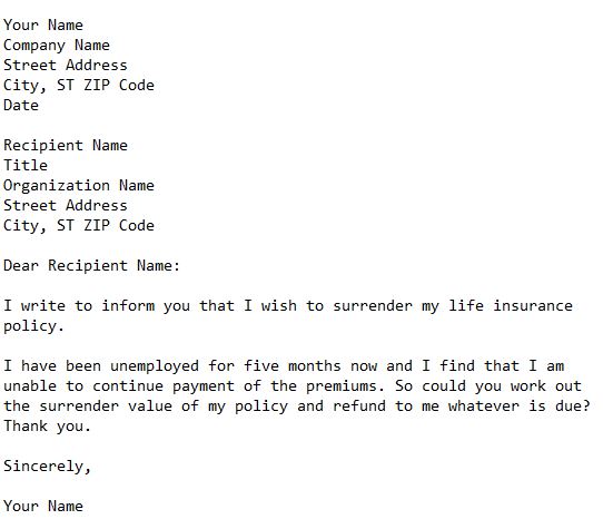 Letter Surrendering A Life Insurance Policy 101 Business Letter