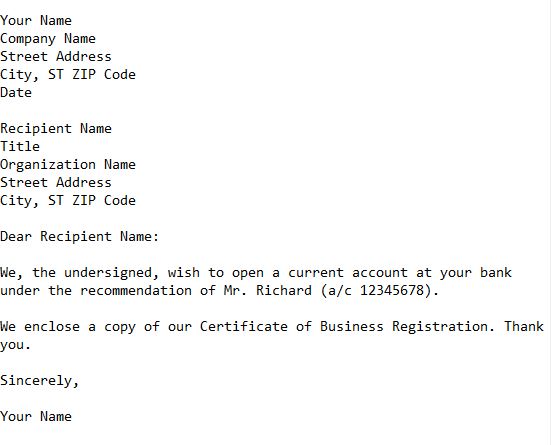 letter to bank opening a current account