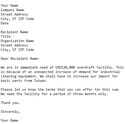 bank overdraft application letter sample