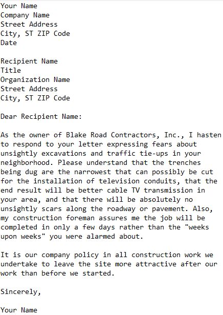 reply to complaint letter about problems caused by road work