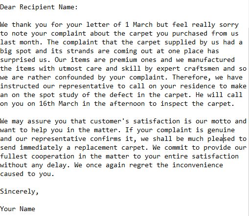 reply to complaint letter for defective product