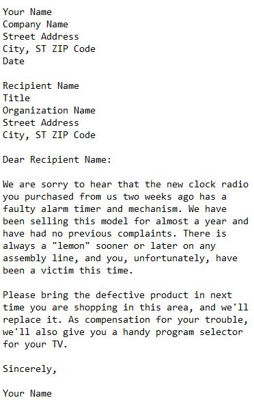 reply to complaint letter for faulty clock radio