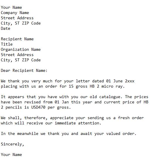 reply to the letter ordering goods at old prices