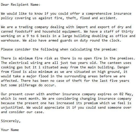 request letter for comprehensive insurance quote