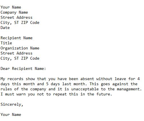 warning letter to an employee for absenteeism