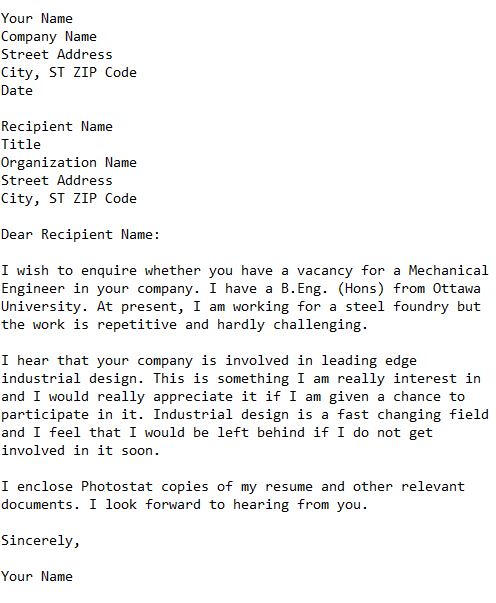 job enquiry letter for mechanical engineer