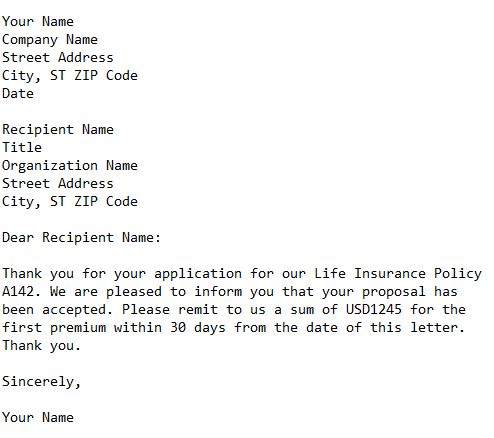 letter accepting proposal for life insurance