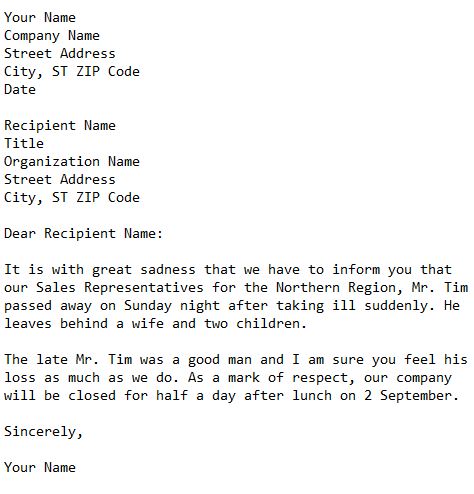 letter announcing death of employee