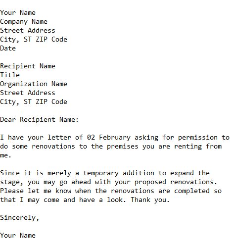 letter giving permission to tenant to renovate premises