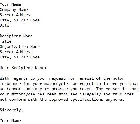 letter refusing to provide motor insurance