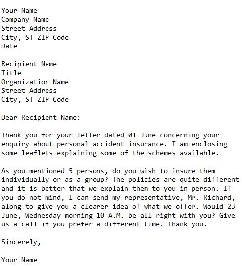 letter reply to enquiry about personal accident insurance