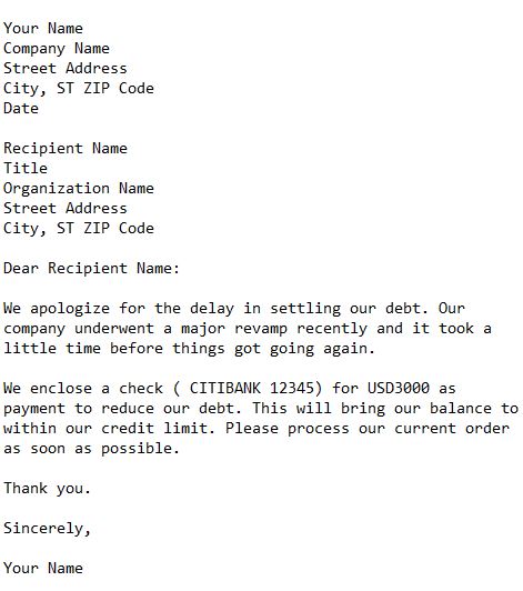letter sending payment to reduce debt