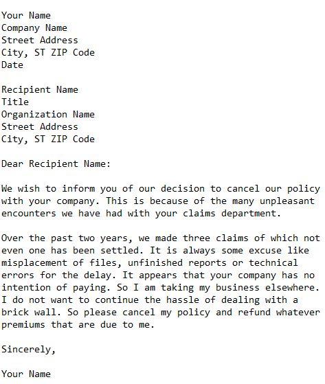 letter to insurance company for cancellation of policy