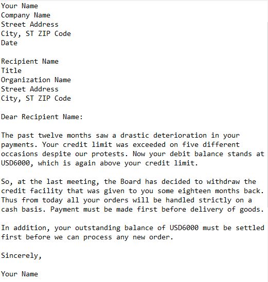 letter to withdraw customers credit account