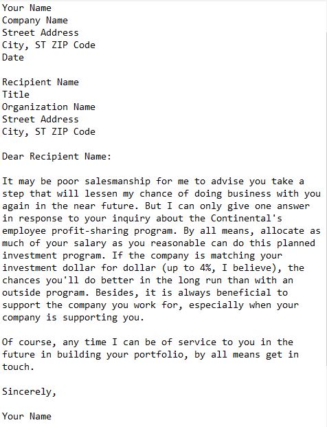 letter turning down prospective business