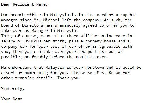 offer letter of promotion with location transfer